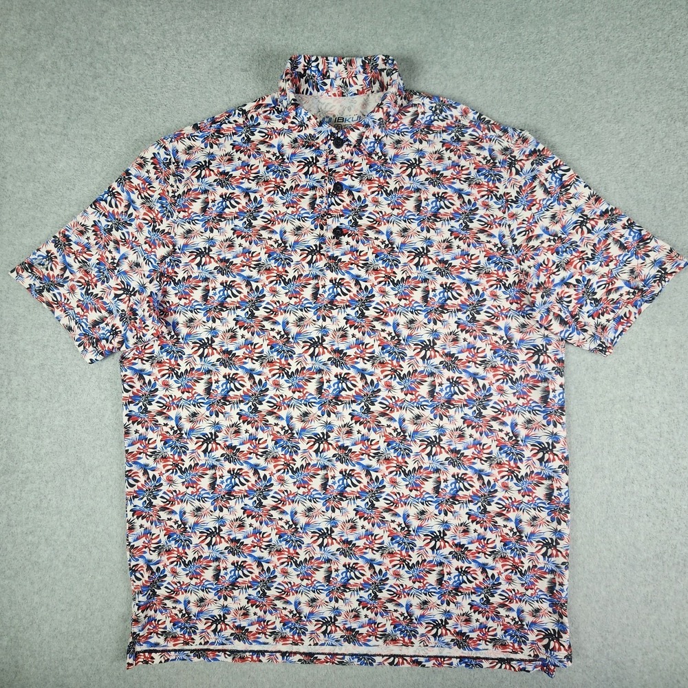 IBKUL Tropical Floral Polo Shirt Mens L Red White‎ Blue Golf Performance UPF 50+